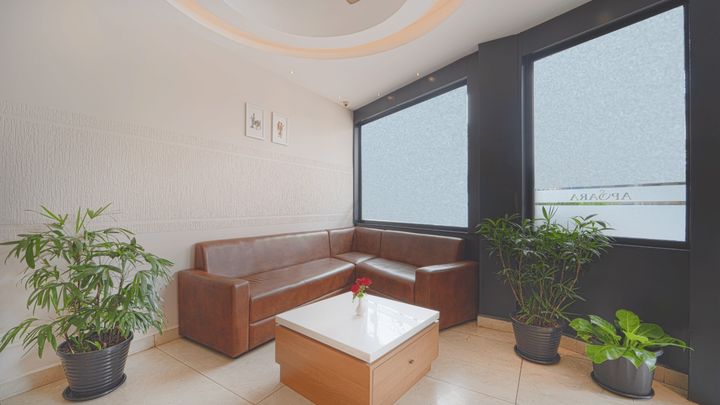 A leather sofa corner in the upper lounge