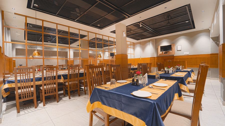 The restaurant dining room with timber panelling